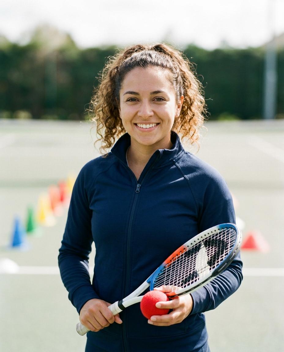 Sofia Alvarez holding a junior racket and a red ball