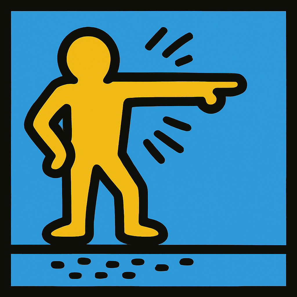 Yellow cartoon man pointing right