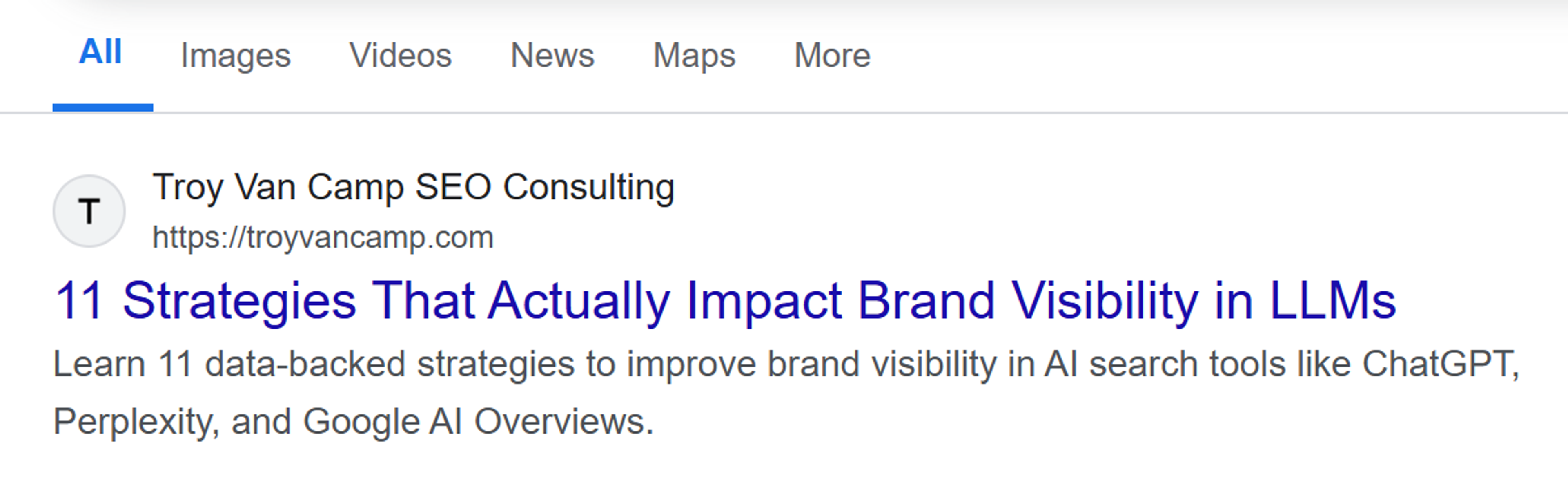 A Google search result showing a page title and description