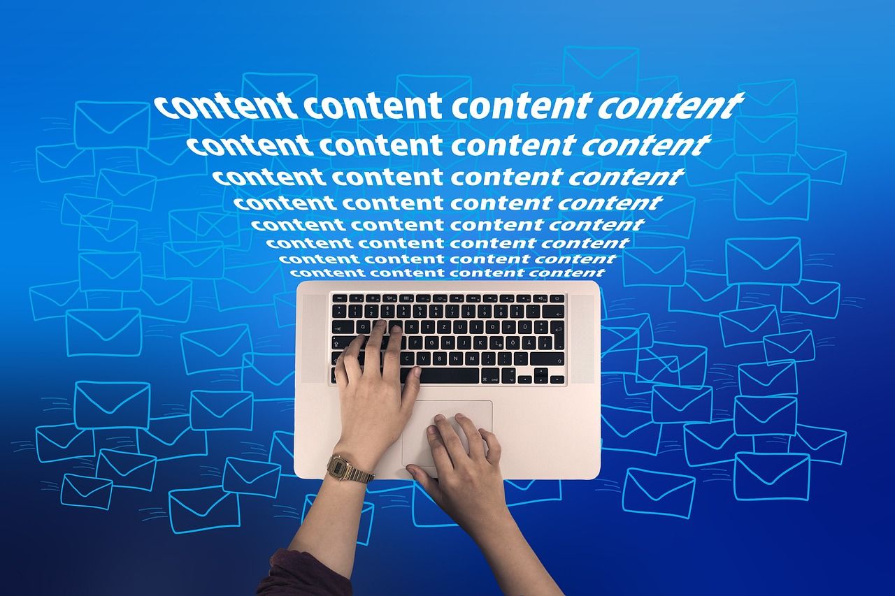 Hands typing on a laptop with the word "content" repeated above it