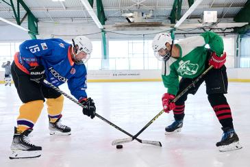 Two guys playing hockey