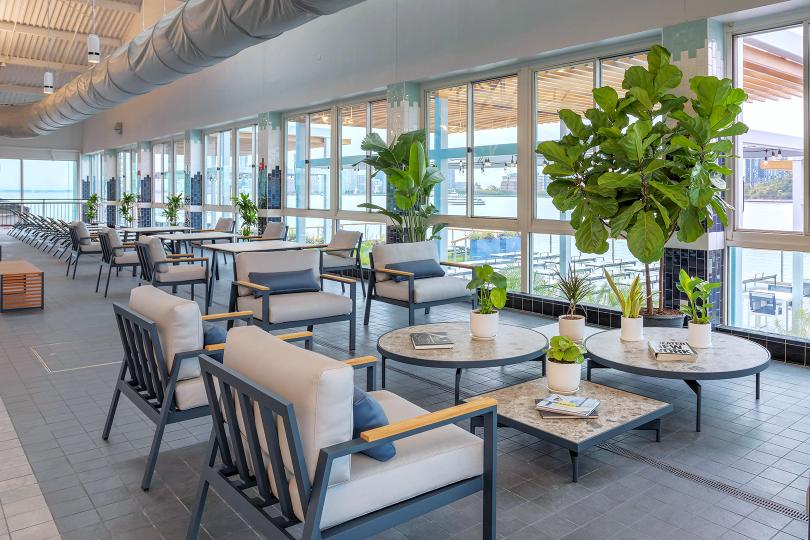 Pool lounge with Hudson River views at gym