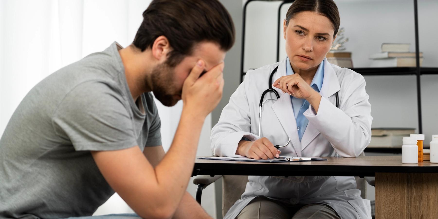 fiatal férfi az orvosnál szégyelli. magát az STD miatt