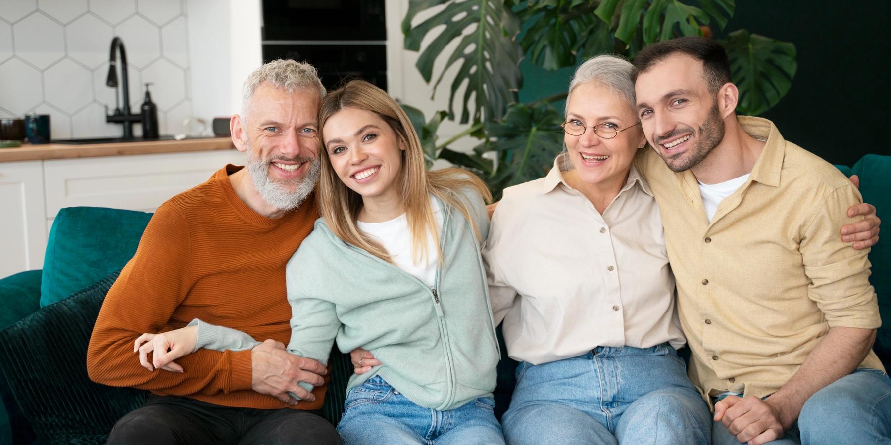 boldog család felnőtt gyerekekkel a kanapén