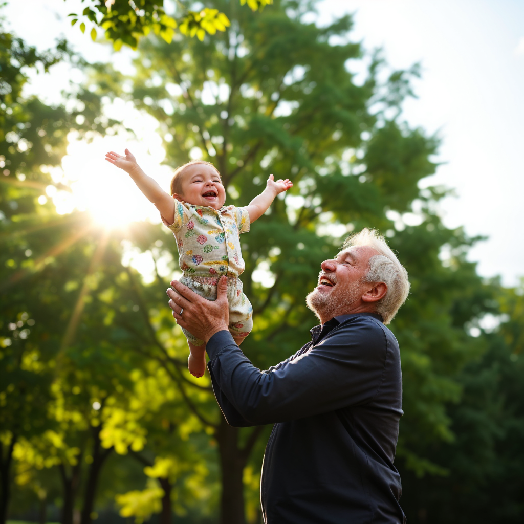 mosolygó nagyapa a levegőben tartja a csecsemő unokát 