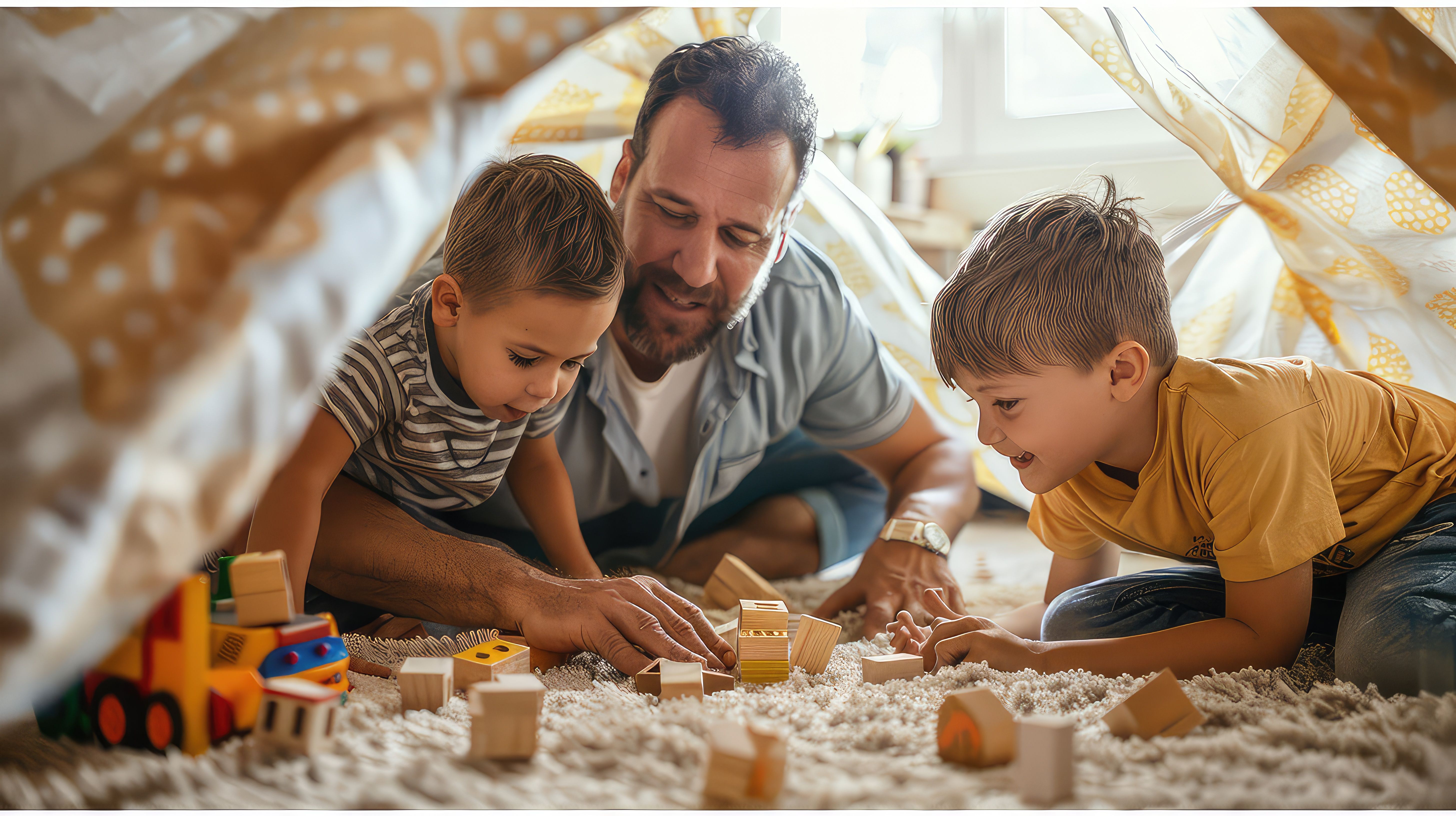 felvétel egy apáról és a gyerekekről, akik egy erődöt építenek vagy játékokkal játszanak