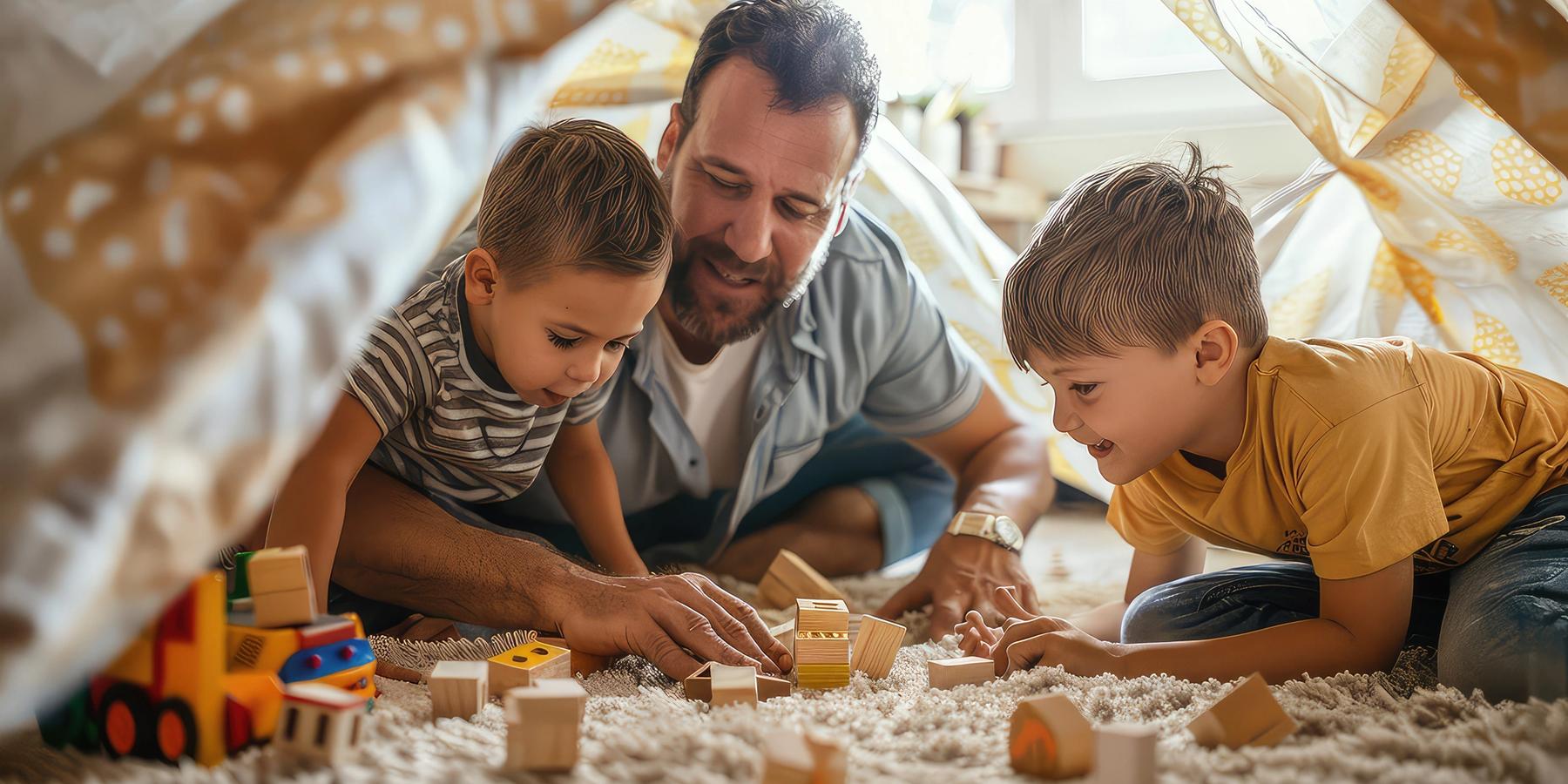 felvétel egy apáról és a gyerekekről, akik egy erődöt építenek vagy játékokkal játszanak