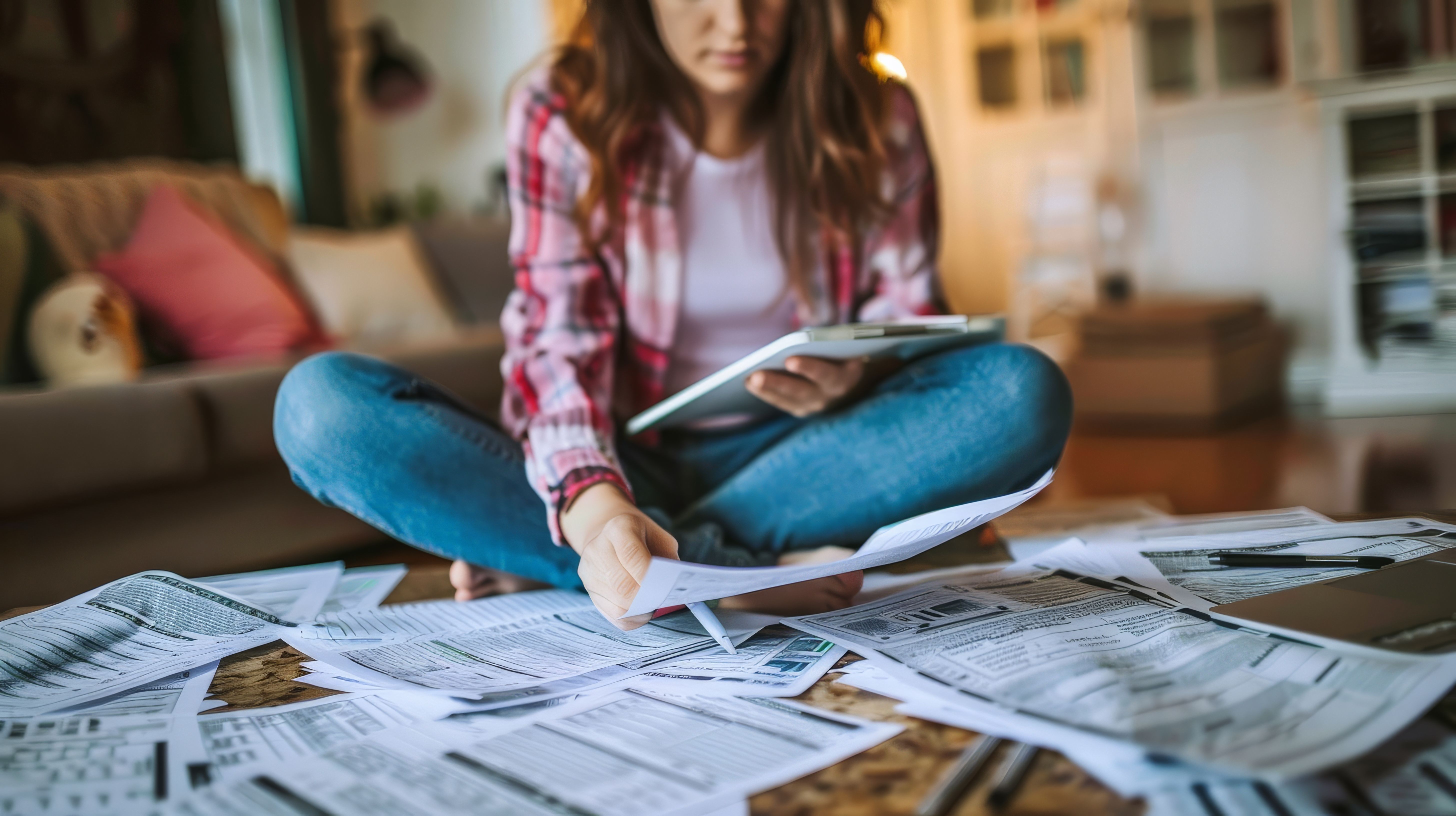 Az adóbevallást otthon, dokumentumokkal és egy laptoppal számoló fiatal nő