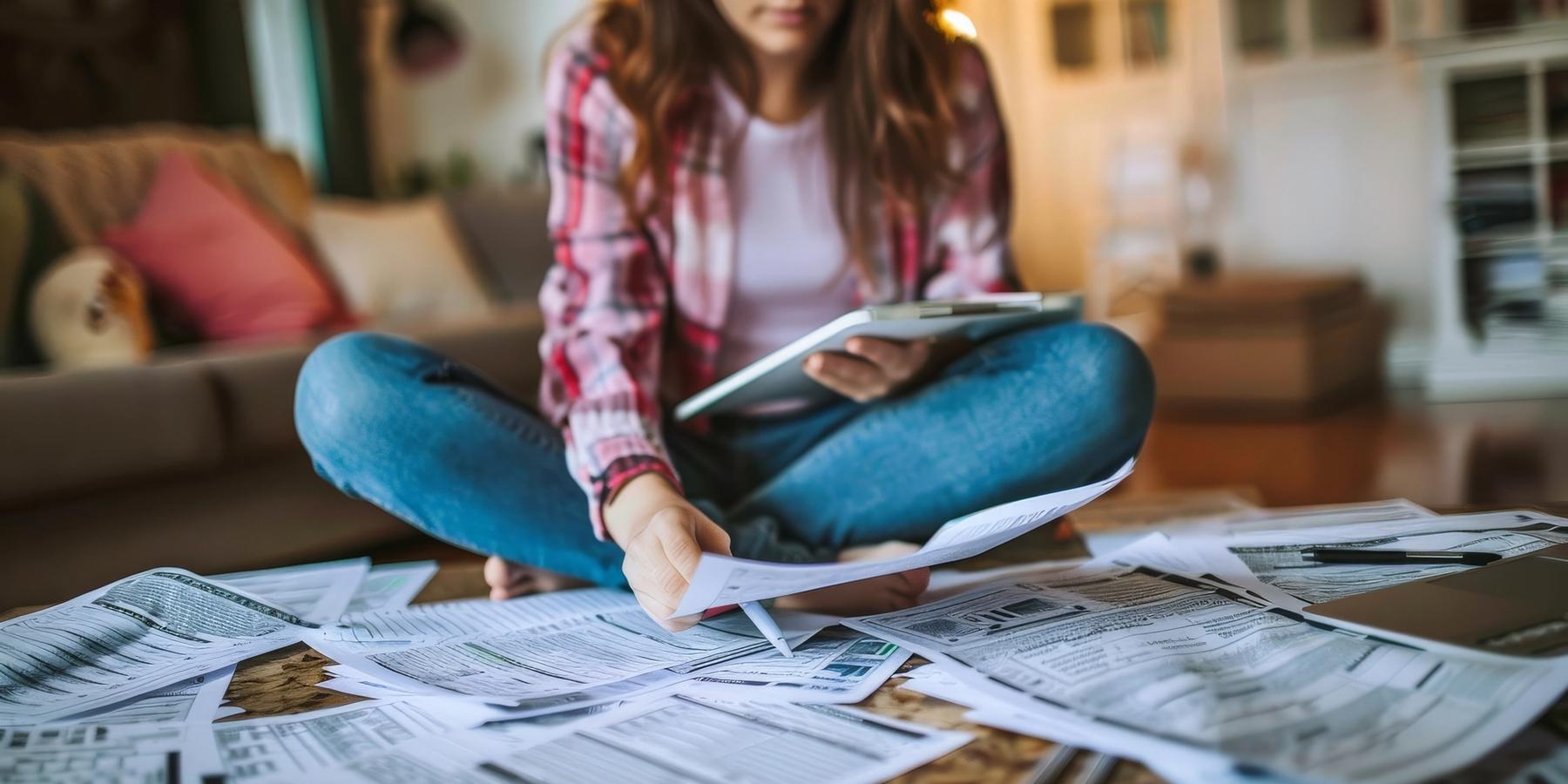 Az adóbevallást otthon, dokumentumokkal és egy laptoppal számoló fiatal nő