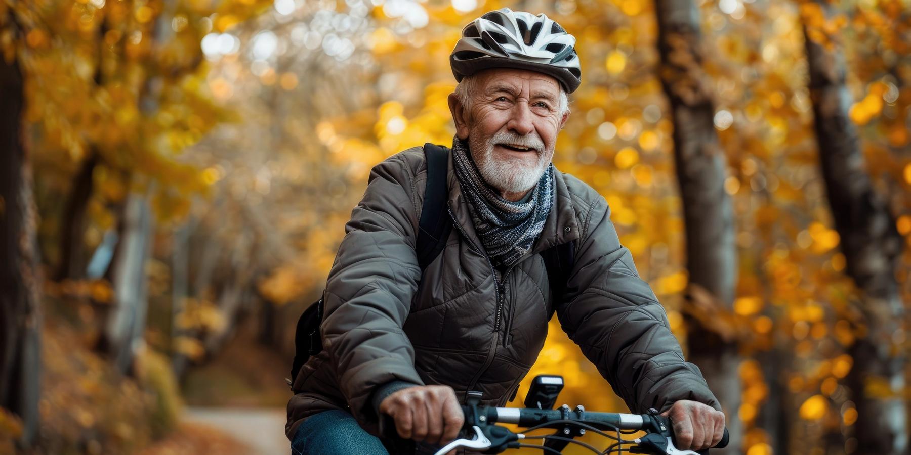 Idős férfi kerékpározik az egészséges életmód népszerűsítése érdekében