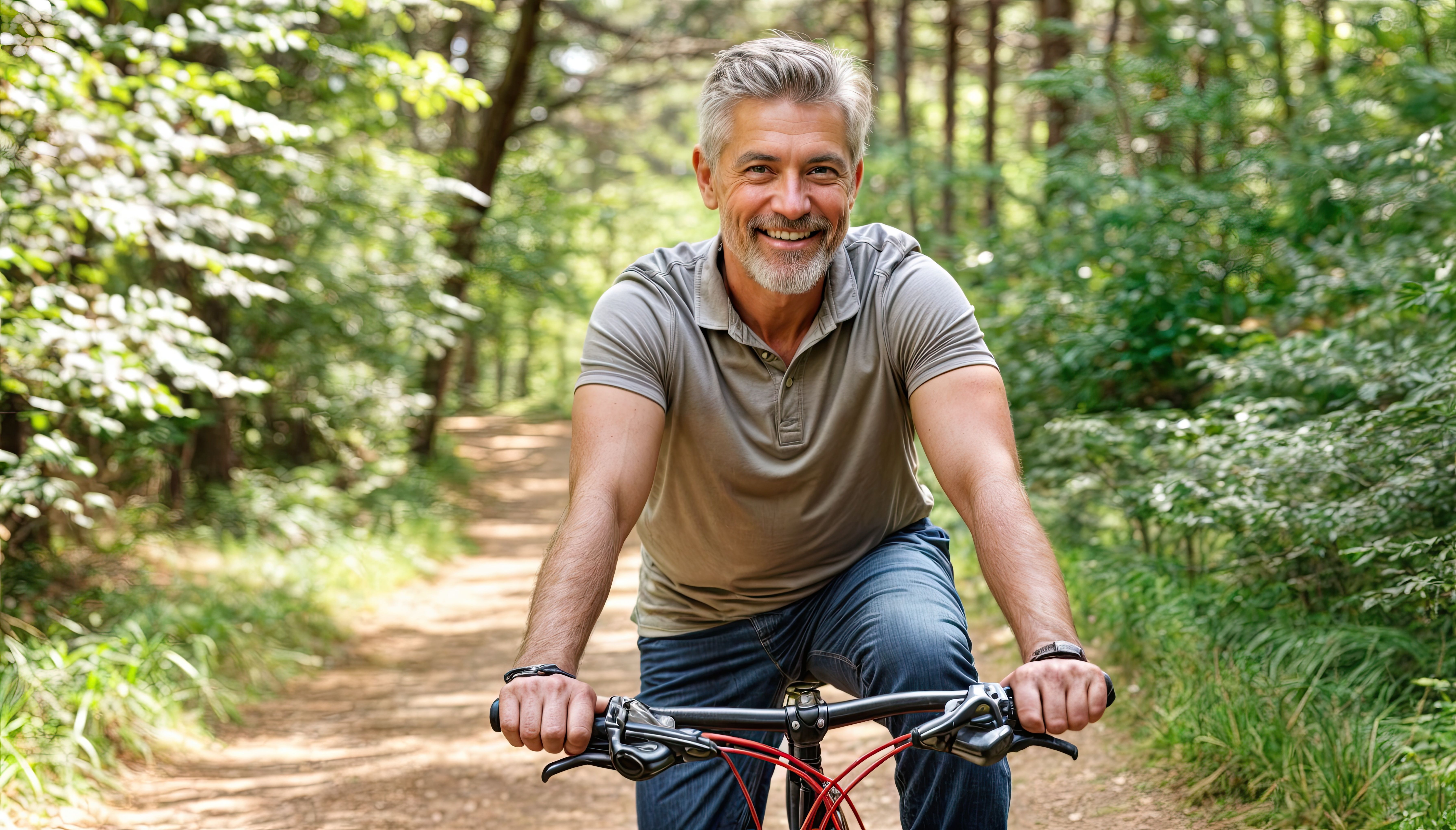 Középkorú férfi az erdőben kerékpározik
