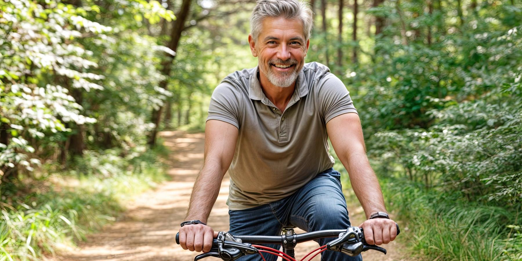 Középkorú férfi az erdőben kerékpározik