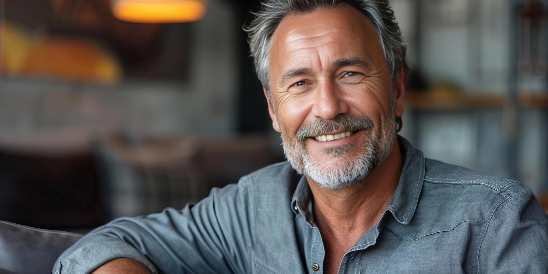 Ősz hajú, szakállas férfi ül a kanapén