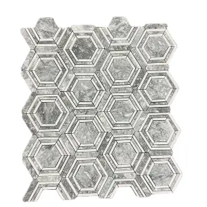 Framed Hexagon Carrara White Platinum Grey Honed Marble Mosaic Tile view 2