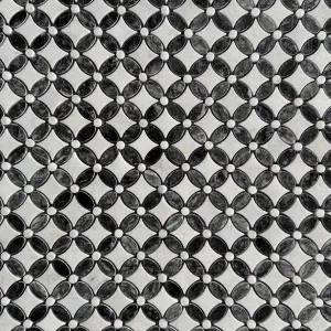 Carrara White – Platinum Black Polished Marble Flower Mosaic Tiles view 2