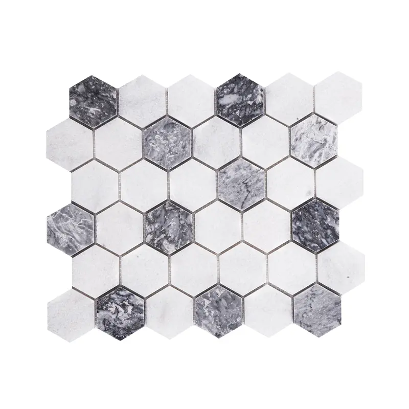 Carrara White - Platinum Grey Honed Marble Hexagon Mosaic Tiles