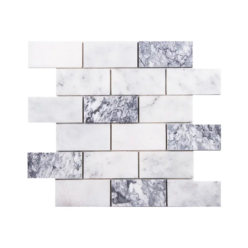 Carrara White - Platinum Grey Honed Marble Brick Mosaic Tiles