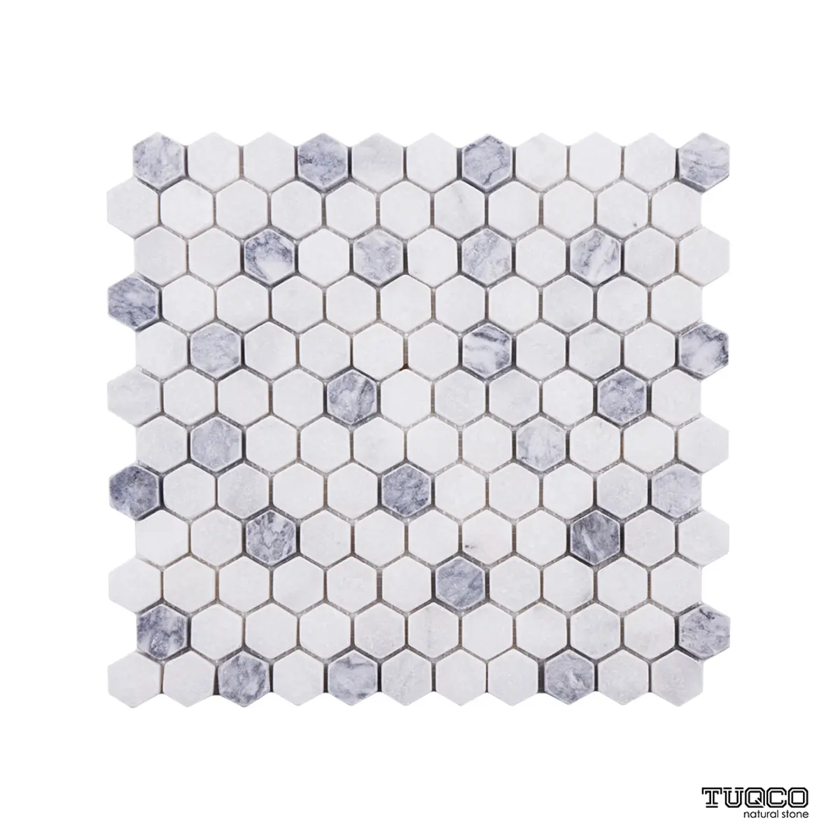 Carrara White - Platinum Grey Tumbled Marble Hexagon Mosaic Tiles