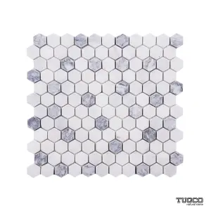 Carrara White - Platinum Grey Tumbled Marble Hexagon Mosaic Tiles view 1