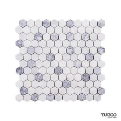Carrara White - Platinum Grey Tumbled Marble Hexagon Mosaic Tiles 23x23