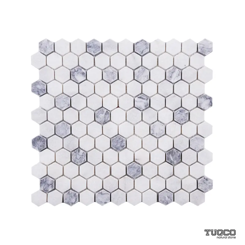 Carrara White - Platinum Grey Tumbled Marble Hexagon Mosaic Tiles