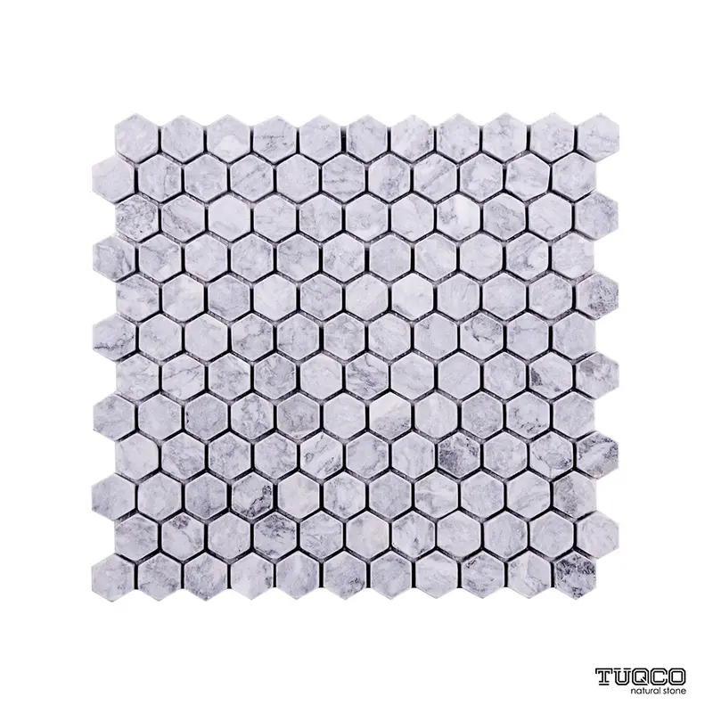 Platinum Grey Tumbled Marble Hexagon Mosaic Tile