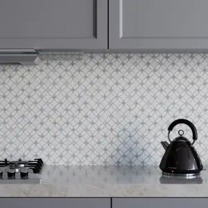 Carrara White - Platinum Grey Tumbled Marble Flower Mosaic Tiles view 1