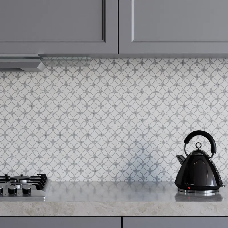 Carrara White - Platinum Grey Tumbled Marble Flower Mosaic Tiles