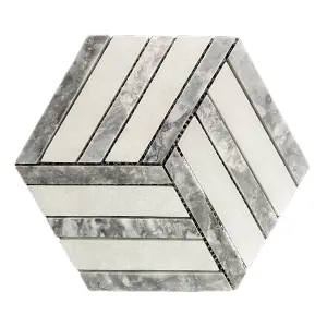 Split Hexagon Carrara White - Platinum Grey Honed Marble Mosaic Tile view 2