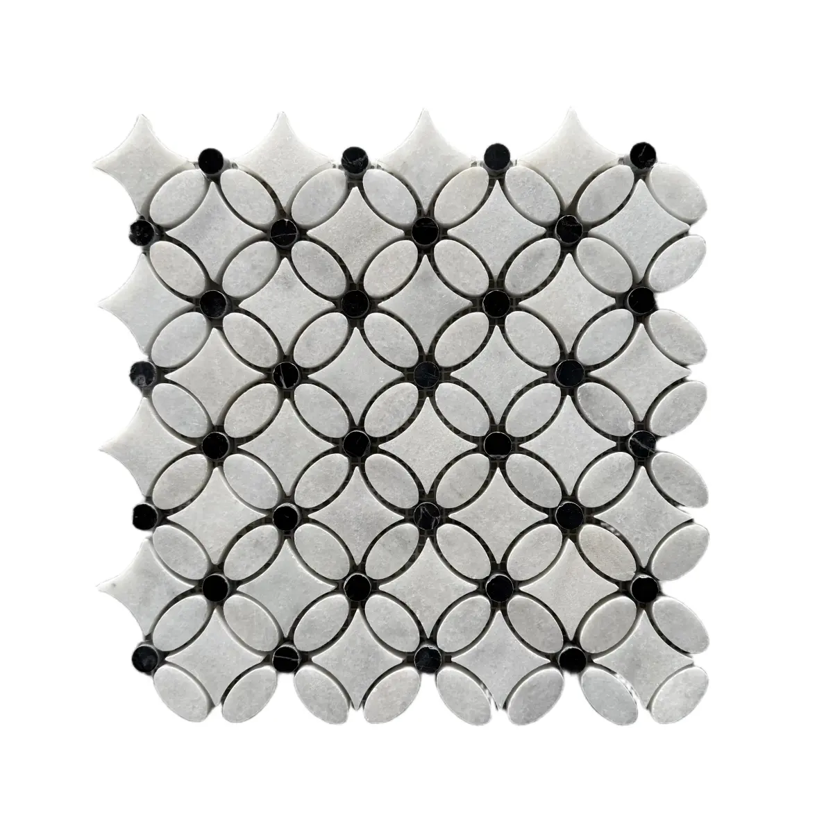 Carrara White - Nero Marquina Polished Marble Flower Mosaic Tiles (Black Dot)
