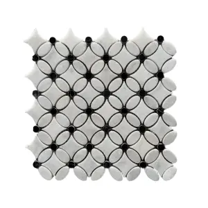 Carrara White - Nero Marquina Polished Marble Flower Mosaic Tiles (Black Dot) view 1