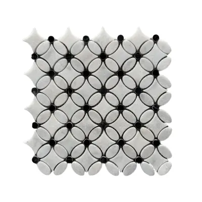 Carrara White - Nero Marquina Polished Marble Flower Mosaic Tiles (Black Dot)