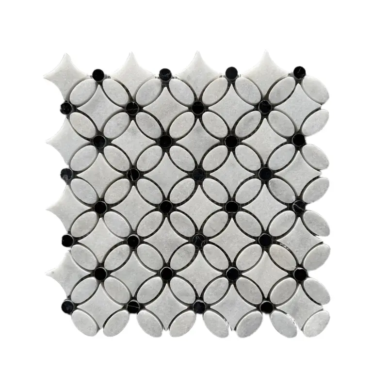 Carrara White - Nero Marquina Polished Marble Flower Mosaic Tiles (Black Dot)