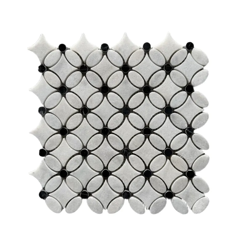Carrara White - Nero Marquina Polished Marble Flower Mosaic Tiles (Black Dot)