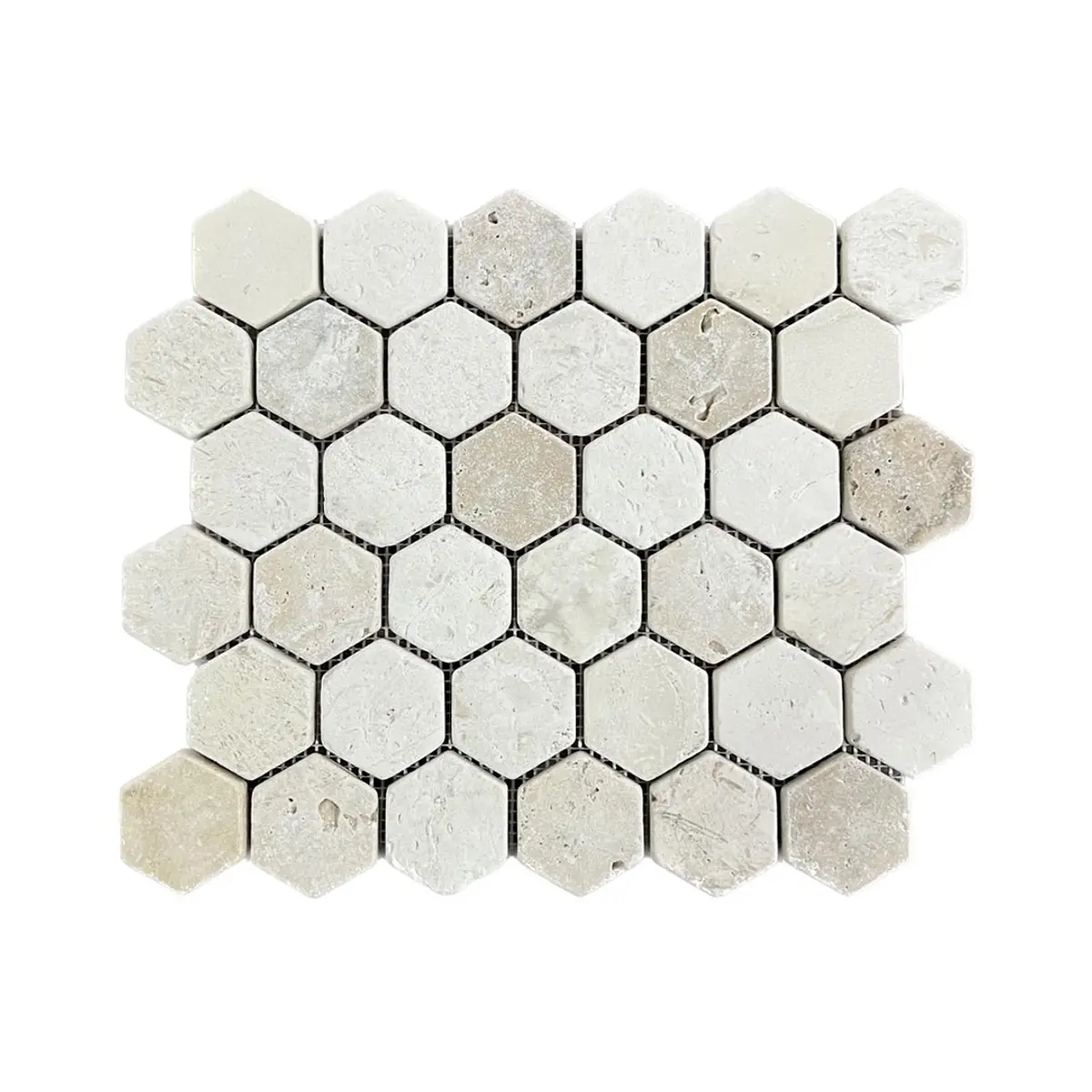 Shellstone Brushed Limestone - Rustic Tumbled Travertine Hexagon Mosaic Tiles