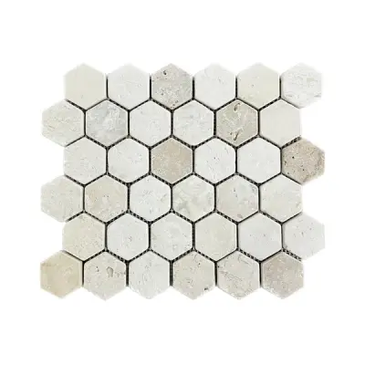 Shellstone Brushed Limestone - Rustic Tumbled Travertine Hexagon Mosaic Tiles