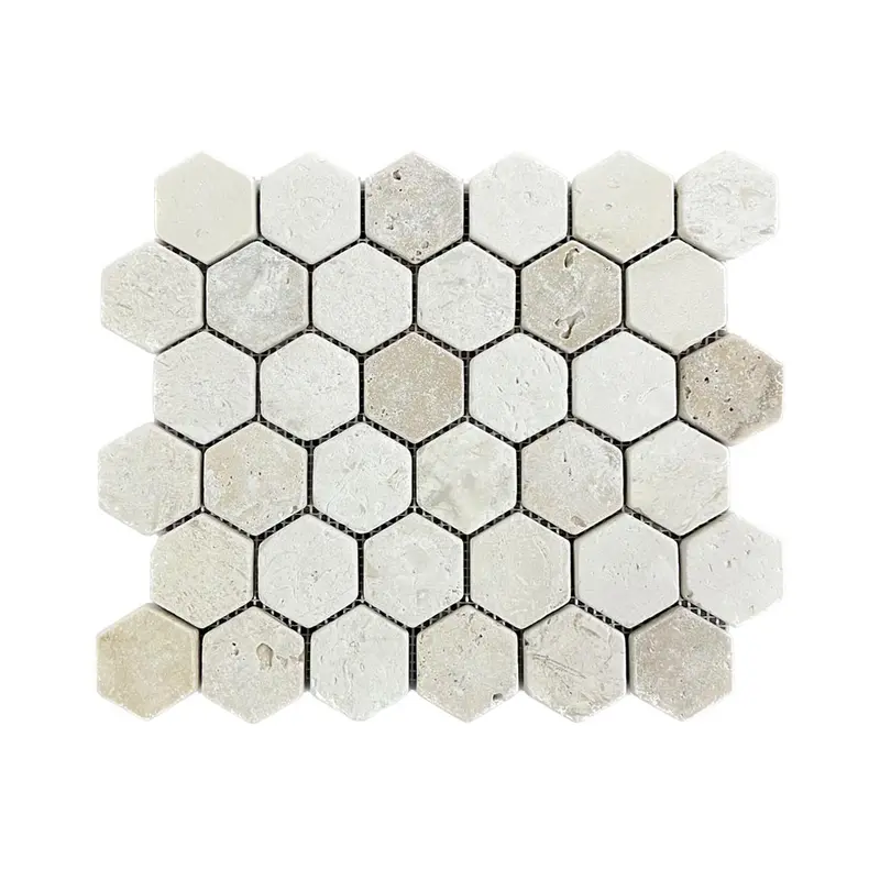 Shellstone Brushed Limestone - Rustic Tumbled Travertine Hexagon Mosaic Tiles