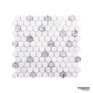 Carrara White - Platinum Grey Honed Marble Hexagon Mosaic Tiles view 1