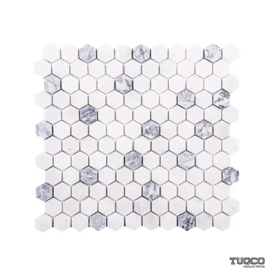 Carrara White - Platinum Grey Honed Marble Hexagon Mosaic Tiles 23x23