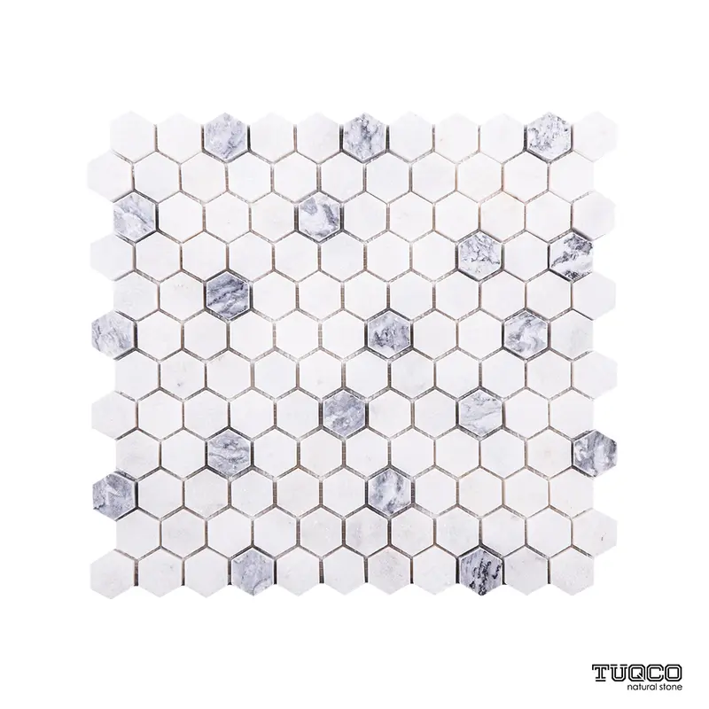 Carrara White - Platinum Grey Honed Marble Hexagon Mosaic Tiles
