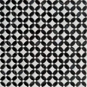 Carrara White- Nero Marquina Polished Marble Flower Mosaic Tiles view 3