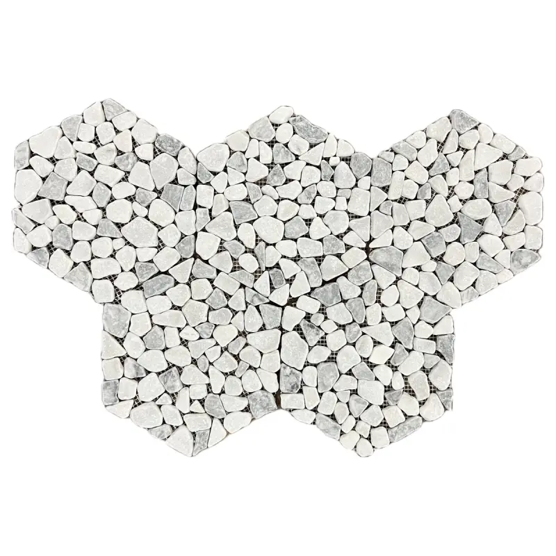 Pebble Hexagon Carrara White and Platinum Grey Tumbled Marble Mosaic Tile