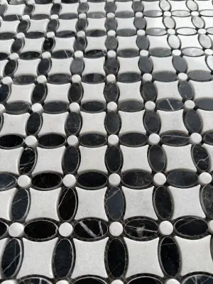 Carrara White- Nero Marquina Polished Marble Flower Mosaic Tiles view 4