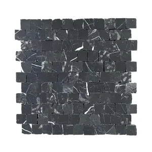Nero Marquina Honed Marble Rustic Edge Square Mosaic Tile view 1