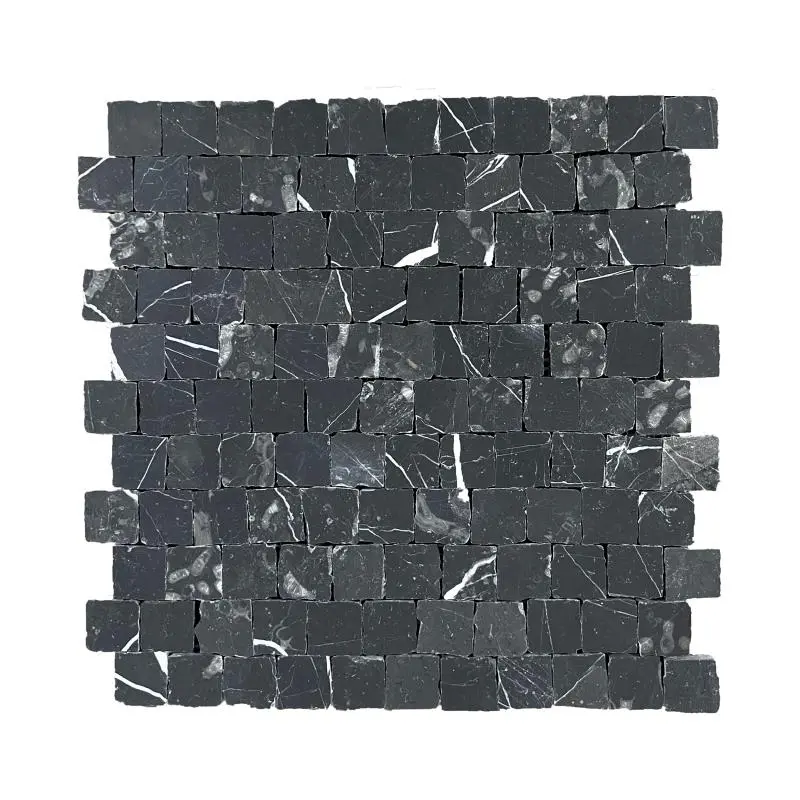 Nero Marquina Honed Marble Rustic Edge Square Mosaic Tile