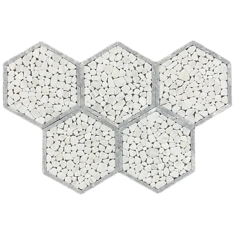 Framed Pebble Hexagon Carrara White and Platinum Grey Tumbled Marble Mosaic Tile