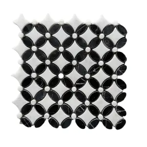 Carrara White- Nero Marquina Polished Marble Flower Mosaic Tiles view 2