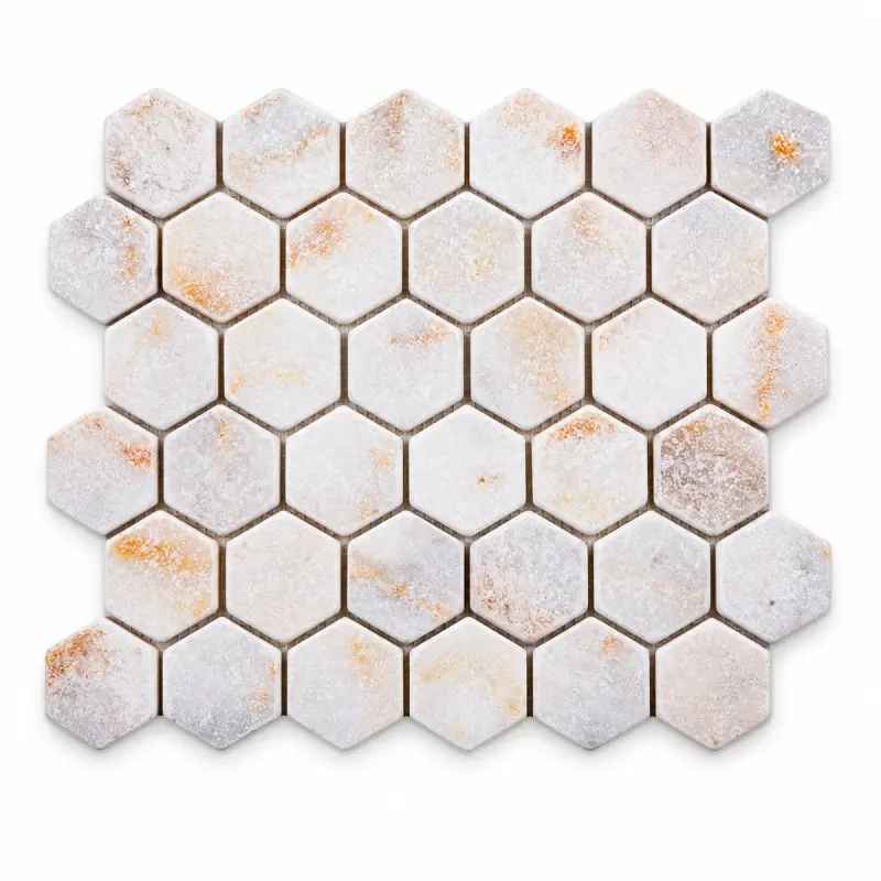 Calacatta Sugar Tumbled Marble Hexagon Mosaic Tiles 48x48