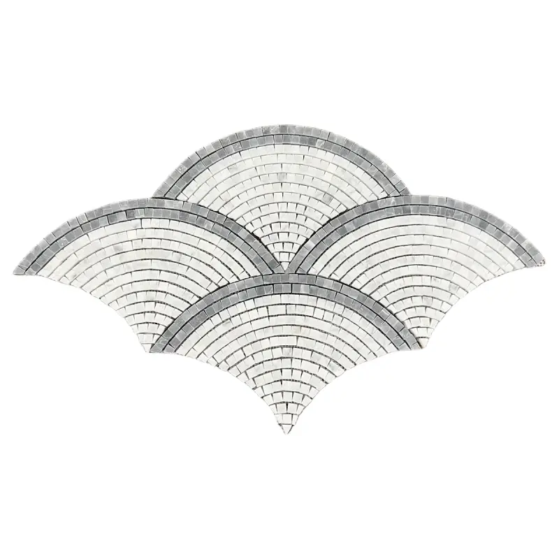 Carrara White and Platinum Grey Fan / Scallop Honed Marble Mosaic Tile