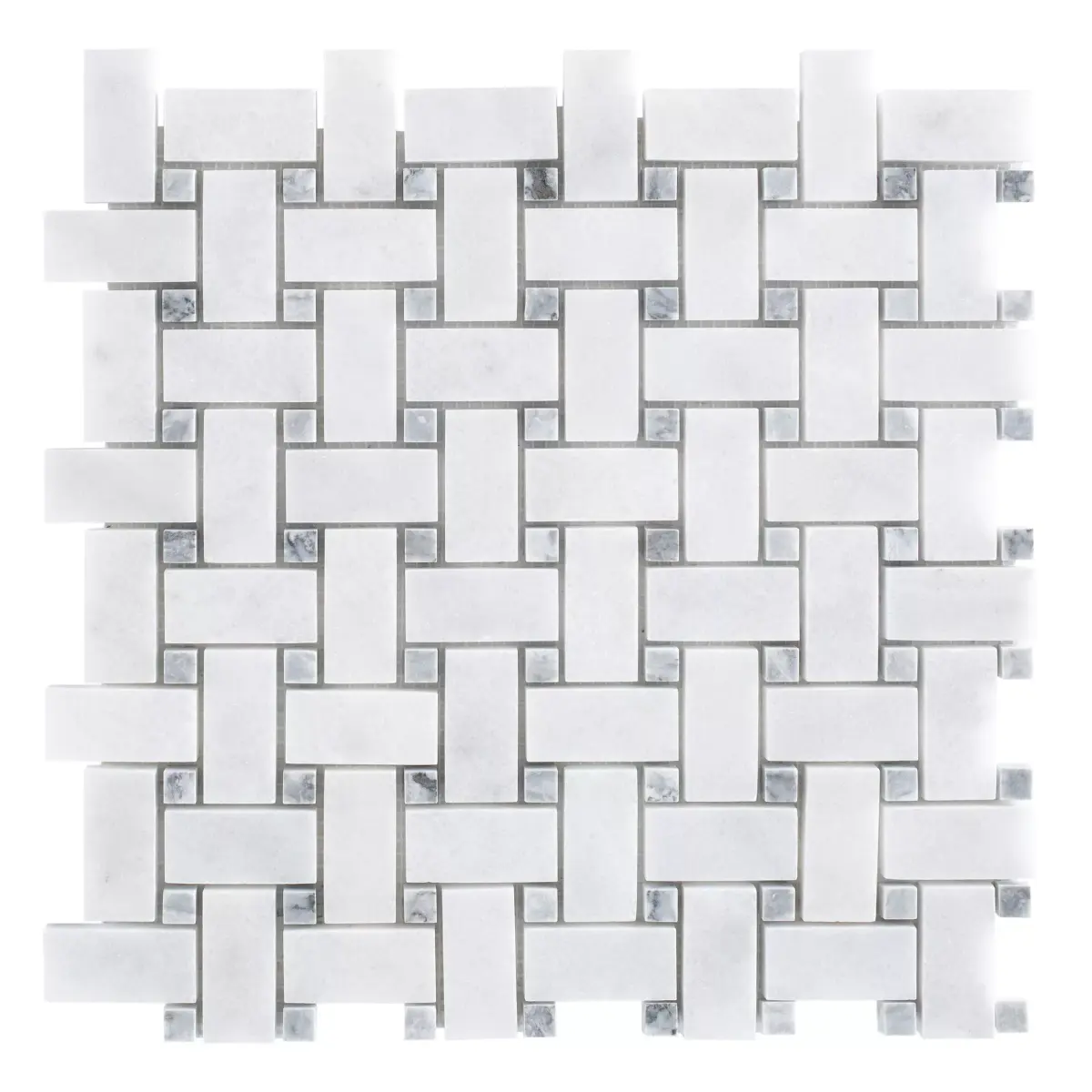 Carrara White - Platinum Grey Polished Marble Basket Weave Mosaic Tiles